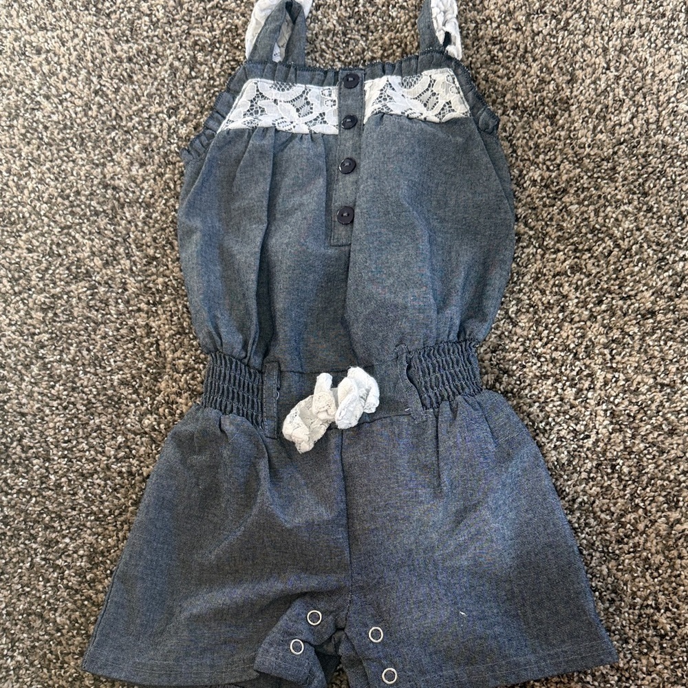 5/$10-Little Lass  Baby Girl Denim Blue Romper with Lace Accents Size 12 Months